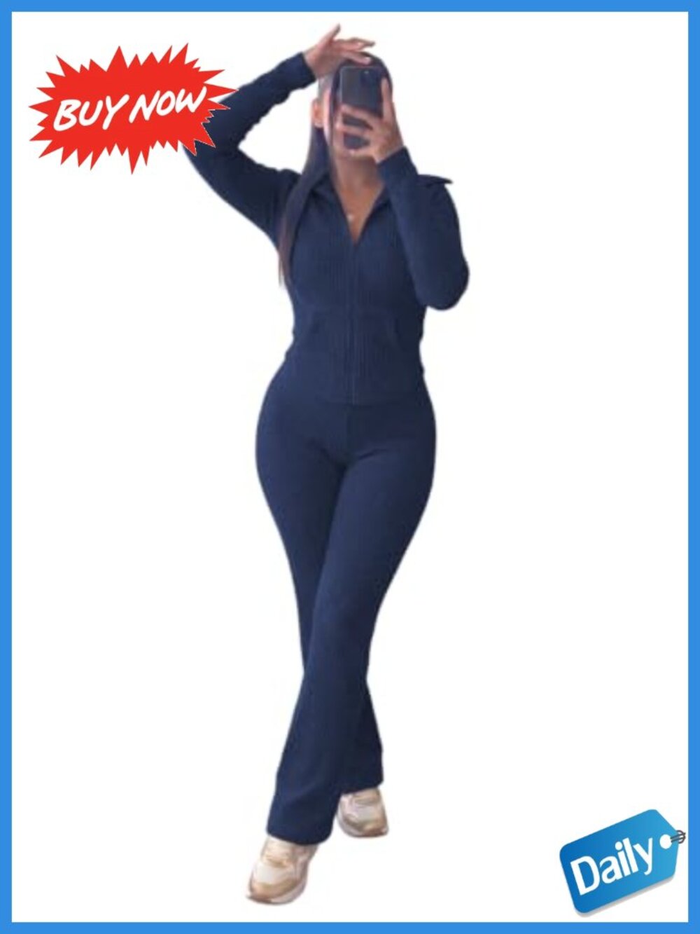 2 Piece Ribbed Knit Pant Set Zip Up Top Flare Pants Lounge Set